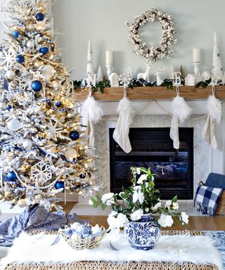 A blue and white Christmas decorating scheme