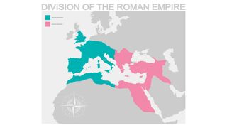 A map showing the division of the Roman Empire, with the Western in aqua and the Eastern in pink.