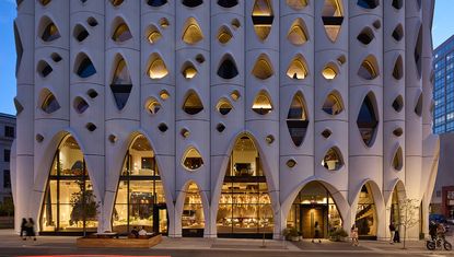 populus hotel with its white organic perforated facade