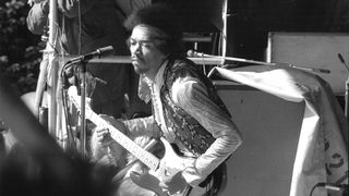 Rock guitarist Jimi Hendrix (1942 - 1970) at his last concert on September 6, 1970 in Isle of Fehmarn, Germany.