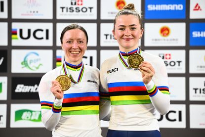 Anna Morris (left) and Erin Boothman (right) show off their gold medals after winning the Madison at the 2026 UCI Track World Championships