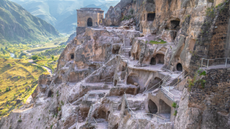 Vardzia cave monastery is built into a steep-walled gorge. 