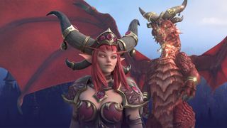 Alexstrasza stands infront of a dragon