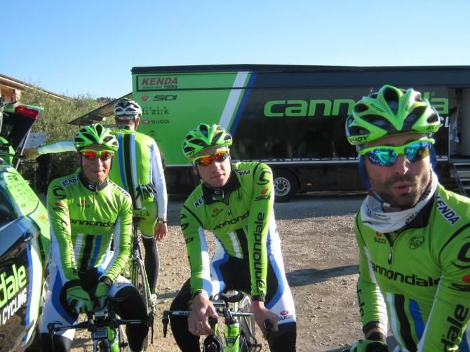 The riders get ready to ride out from their hotel under a stunning Tuscan sky