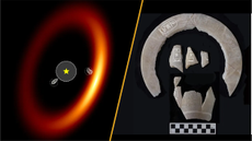 Split image of newborn planets and the burial object left in a newly discovered ancient Egyptian tomb.