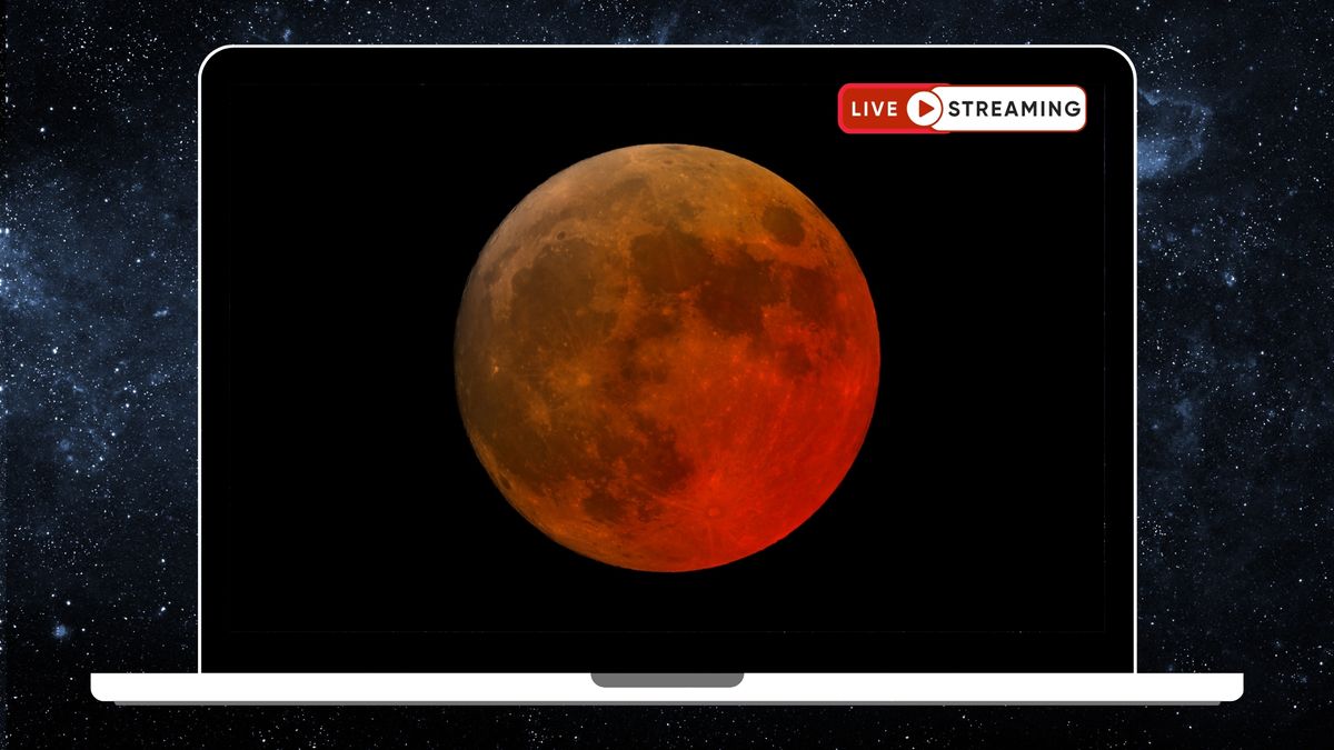 graphic showing the total lunar eclipse blood moon on the screen of a laptop with livestreaming text in the top right corner.