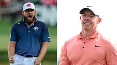 (left) Tyrrell Hatton celebrates holing the winning putt at the 2025 Hero Dubai Desert Classic and Rory McIlroy looks on at the same tournament (right)