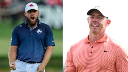 (left) Tyrrell Hatton celebrates holing the winning putt at the 2025 Hero Dubai Desert Classic and Rory McIlroy looks on at the same tournament (right)