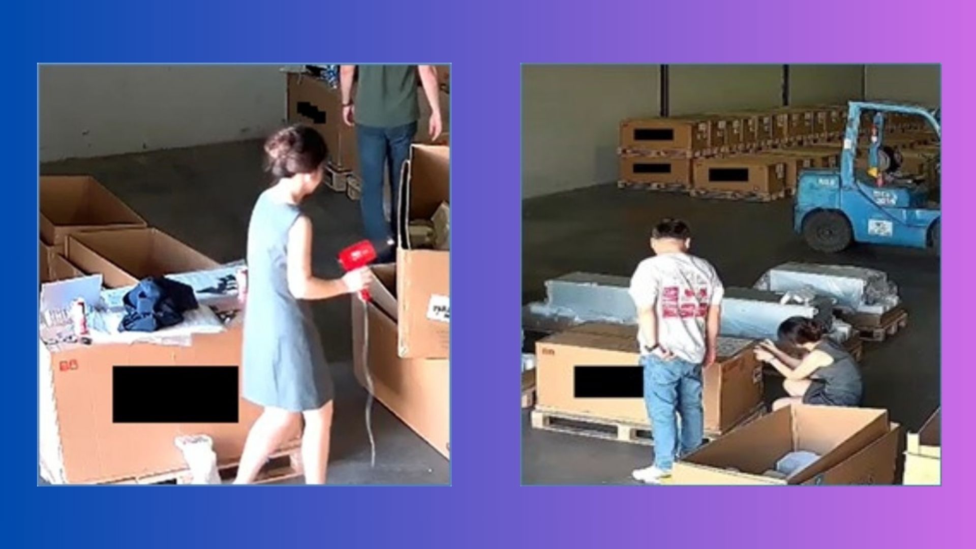 Photos from the Department of Justice, showing a scheme to take off stickers and serial numbers with a hair dryer