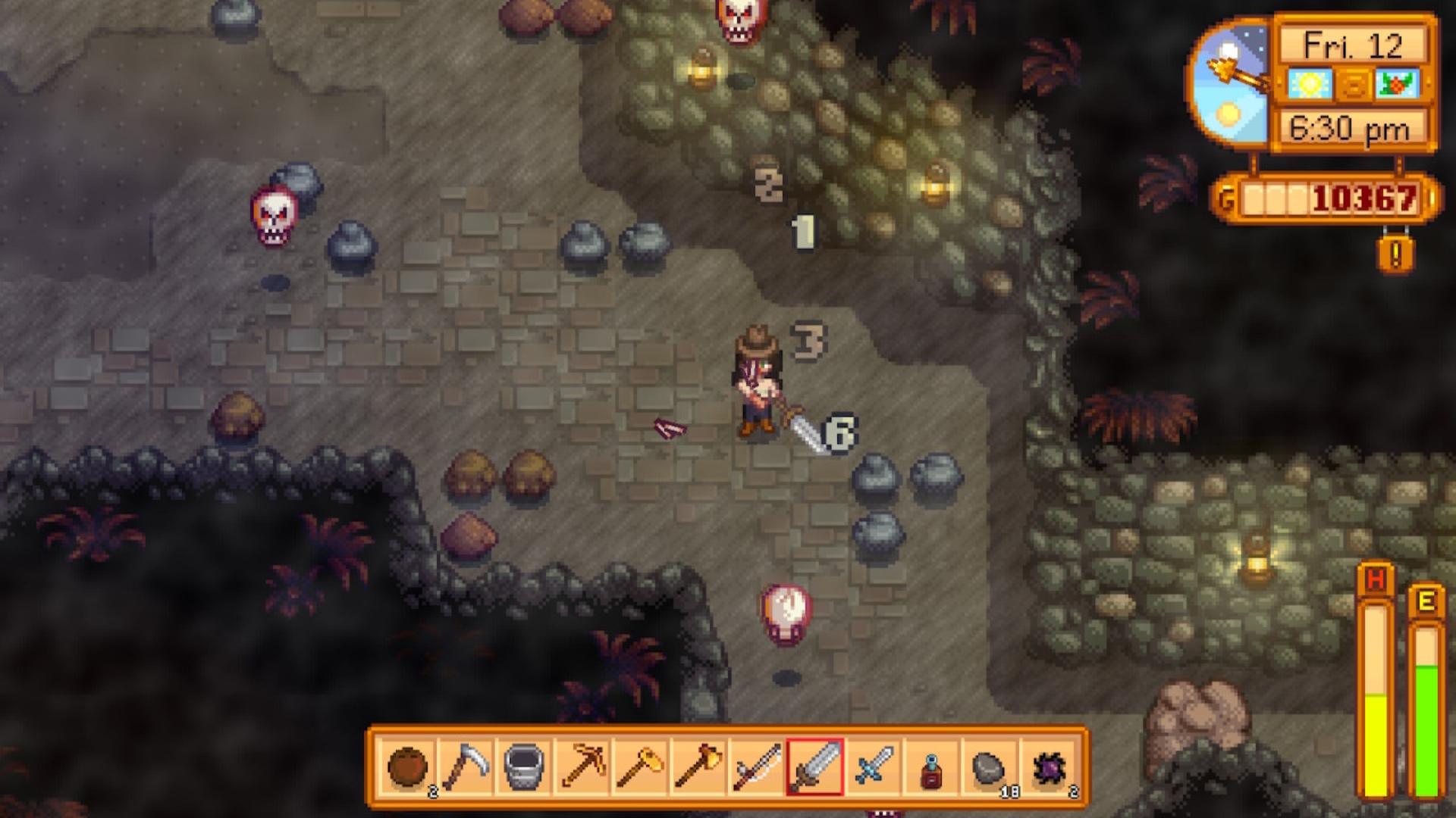 Fighting monsters in the mines in Stardew Valley