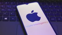 The Apple Intelligence logo appears on the screen of a smartphone.