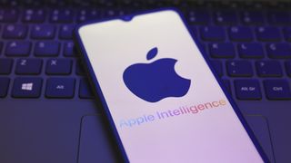The Apple Intelligence logo appears on the screen of a smartphone.
