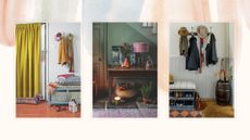Collage of three hallways with coats and shoes to show how to organise your hallways in winter