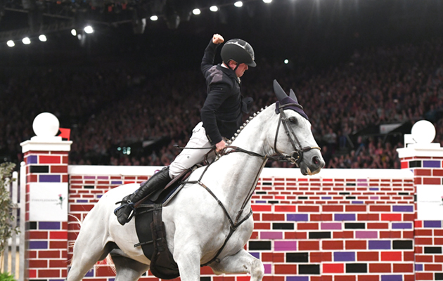 Alfie BRADSTOCK riding H. D'OR, joint winner of the Thistledown Puissance at the Horse of The Year Show 2018 at the NEC near Birmingham in the UK between 2nd- 7th October 2018