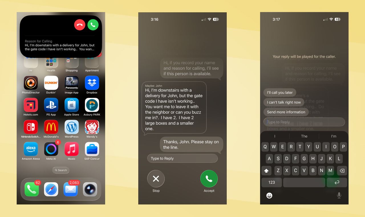 Galaxy S26 vs iPhone 17 Call Screen screenshots.