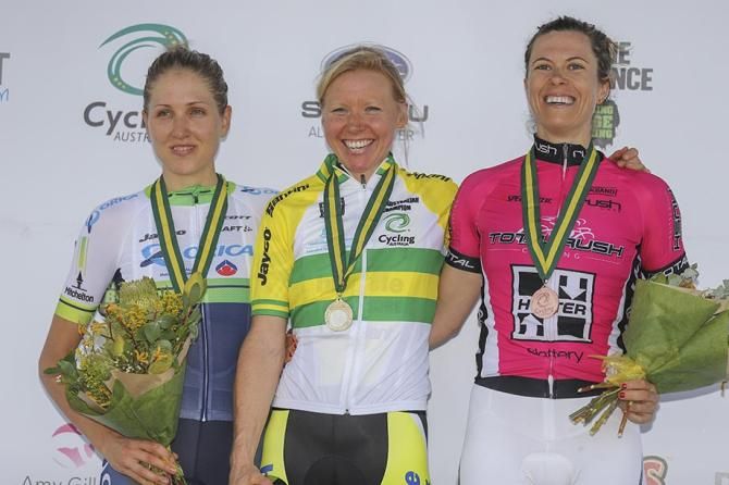The 2014 Women's podium, (l-r) Shara Gillow (Orica-AIS), Felicity Wardlaw and Bridie O'Donnell