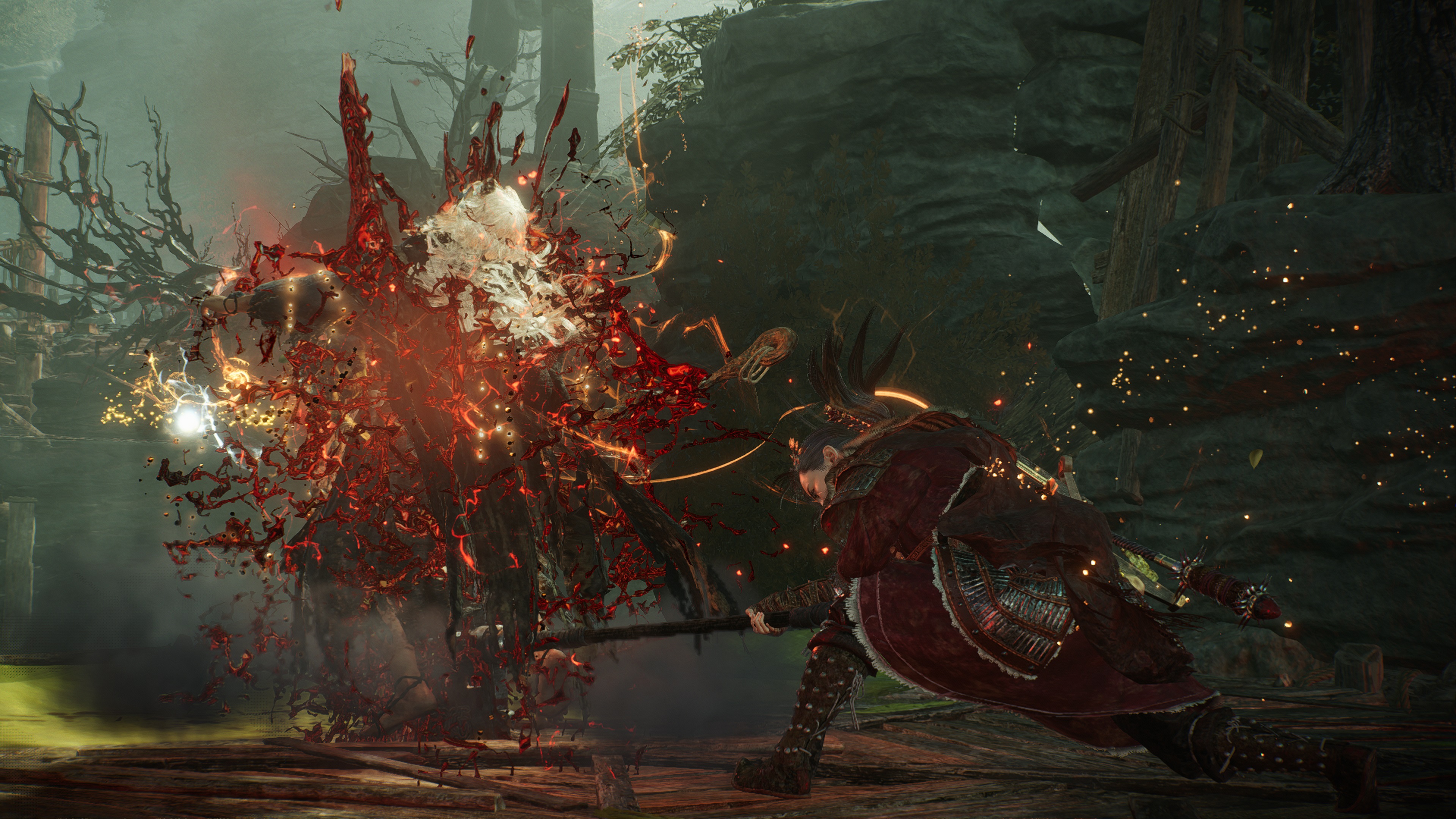 Wo Long: Fallen Dynasty in-game screenshot of the player performing a Fatal Strike behind an enemy, taken in Photograph Mode.