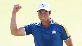 Viktor Hovland after winning a hole in the Ryder Cup Sunday singles
