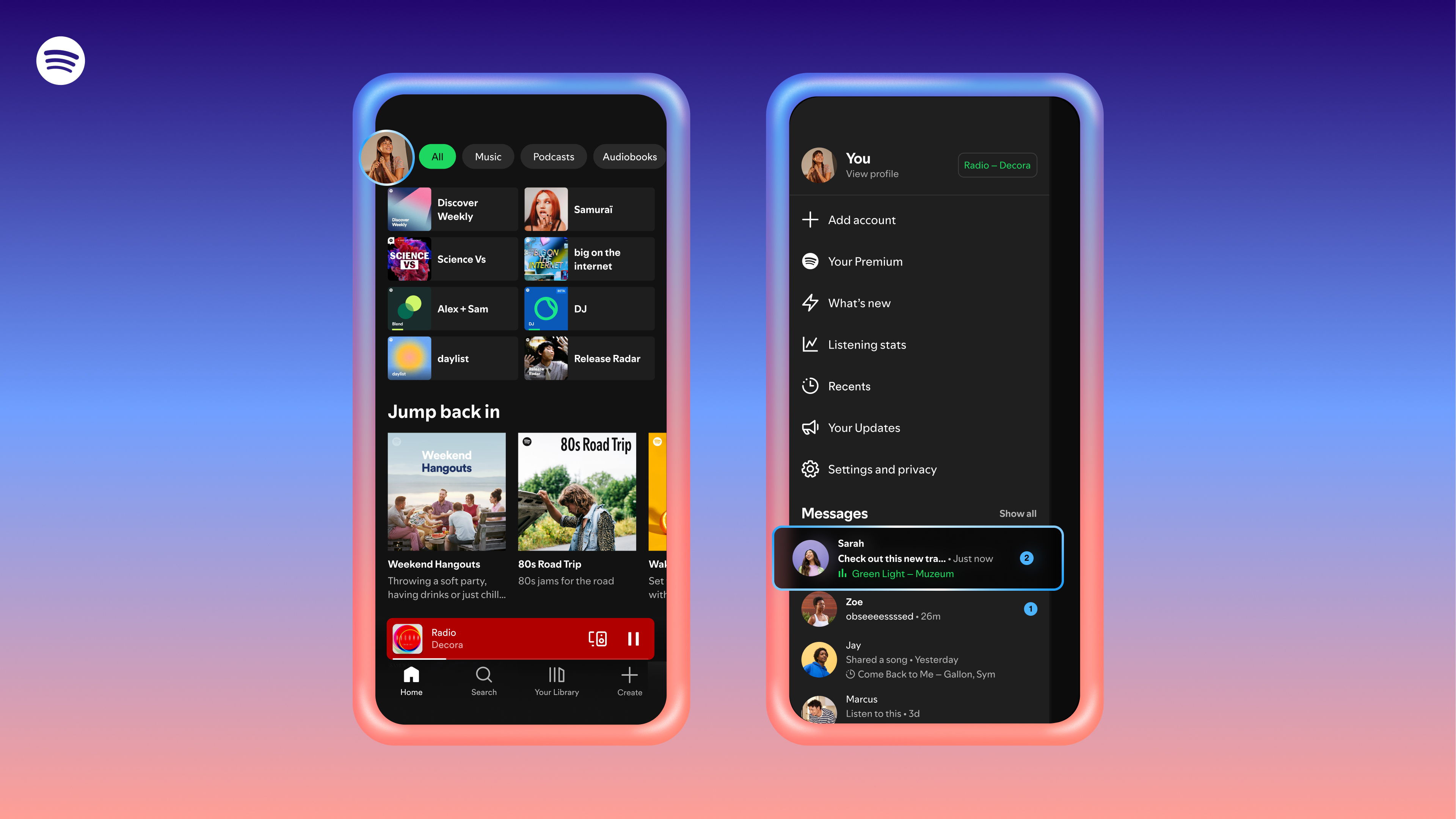 Two phones showing Spotify Messages, one with a chat sidebar showing the listening activity of friends