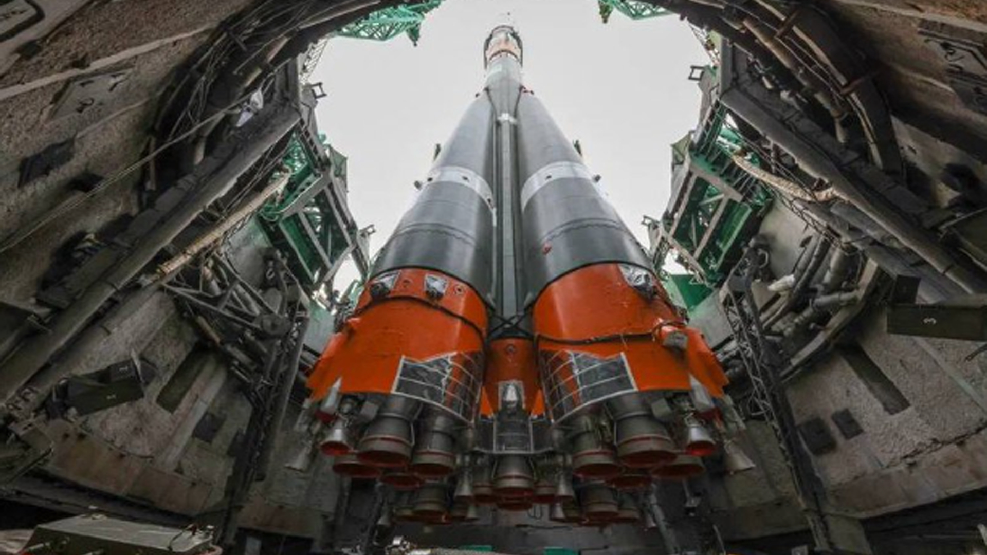 A Russian Soyuz rocket with the Soyuz MS-23 crew capsule on its launch pad at the Baikonur Cosmodrome in Kazakhstan for a launch on February 23, 2023.