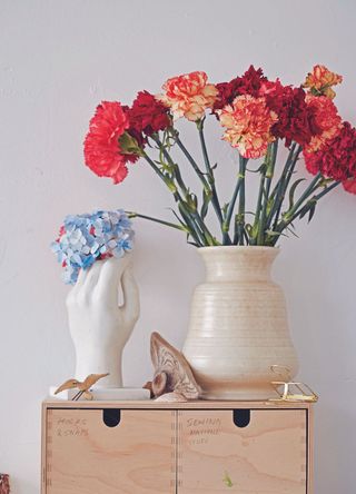 picture of carnation in a vase on top of wooden drawers