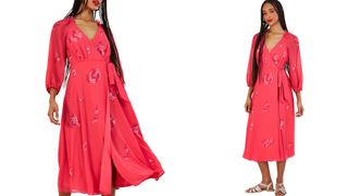 model wearing Monsoon Tammy Embellished Wrap Dress