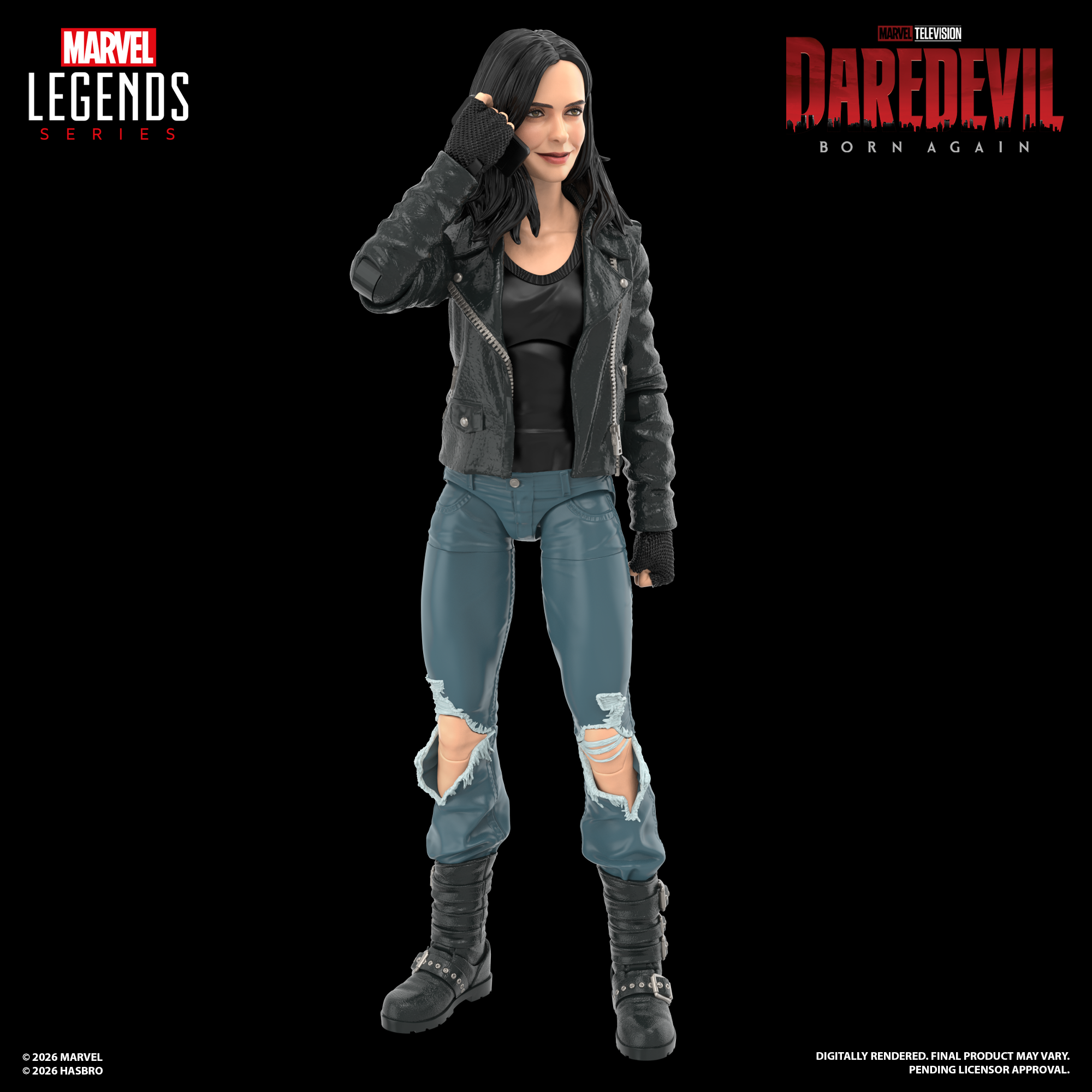 Marvel Legends Jessica Jones smiling against a dark background, with multiple logos visible in frame