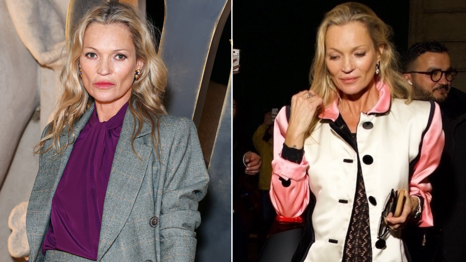 Kate Moss attended a Saint Laurent Paris Fashion Week after party in a sheer crocheted jumpsuit and a vintage YSL jacket