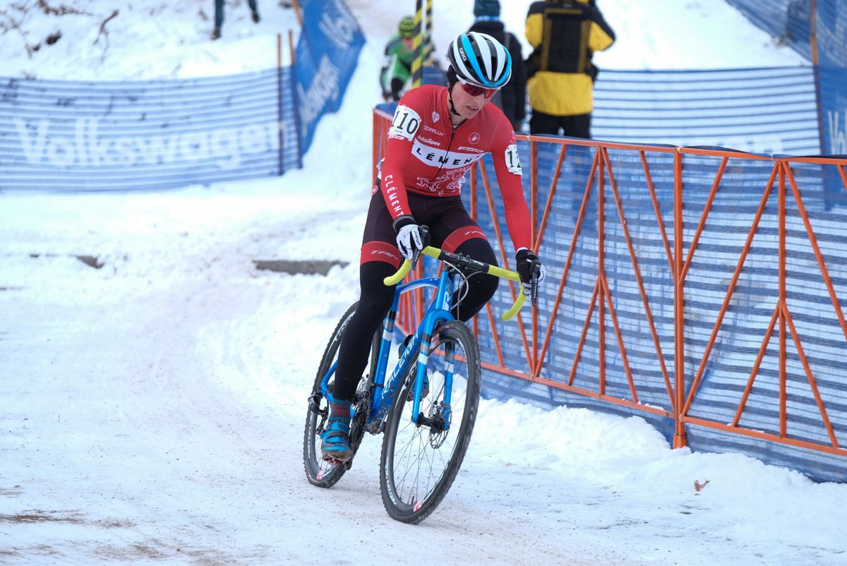 Lance Haidet (Raleigh Clement) racing with less than two laps remaining