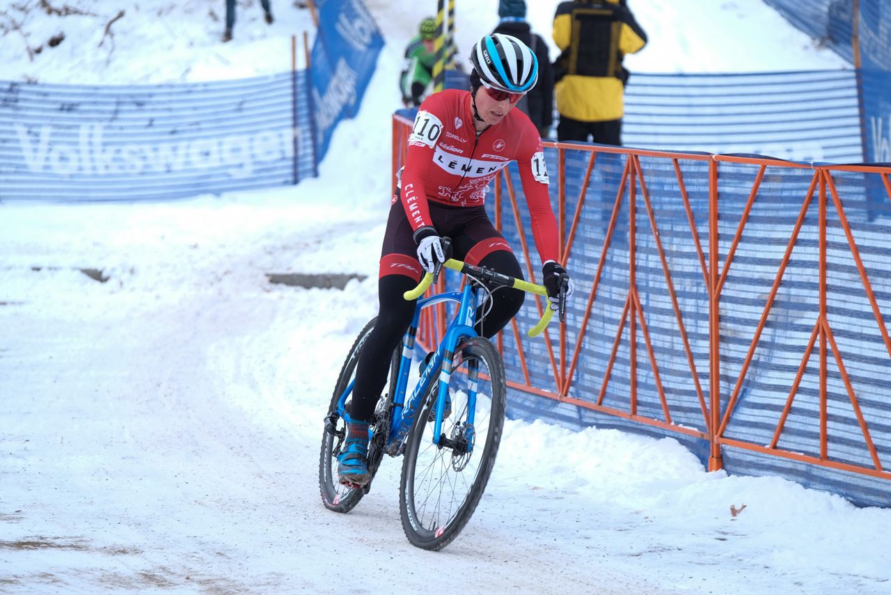 Lance Haidet (Raleigh Clement) racing with less than two laps remaining