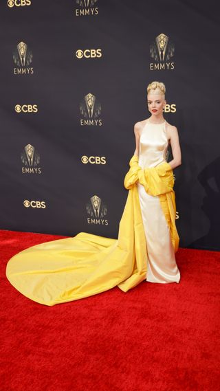 Anya Taylor-Joy's pale yellow dress and bright yellow shawl on the Emmys red carpet