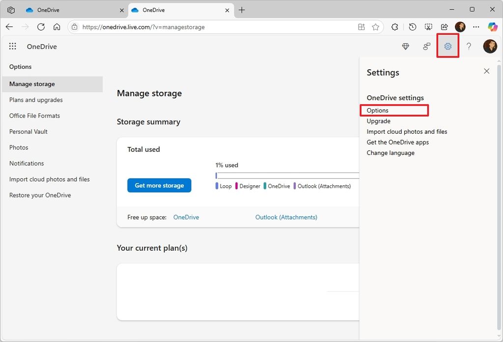 OneDrive web settings with Options highlighted