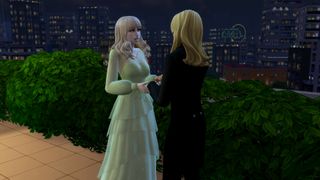 The Sims 4 Lovestruck screenshot showing two Sims with long blonde hair holding one another's hands while wearing formal attire atop a roof