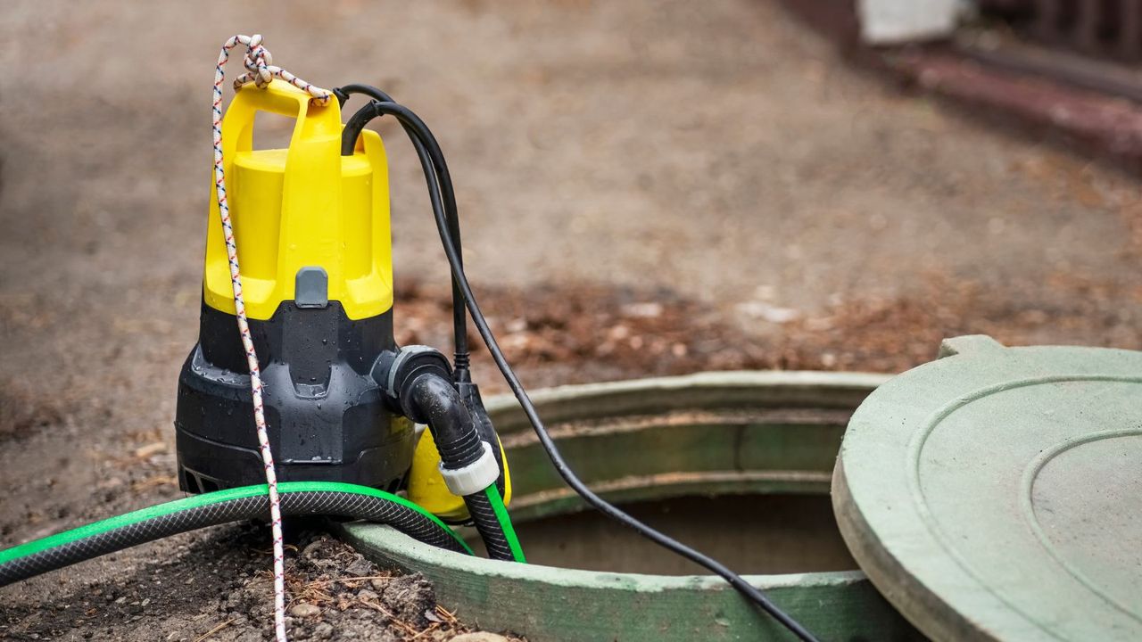 Submersible pump dewater construction site, pumping flood water sing deep well.