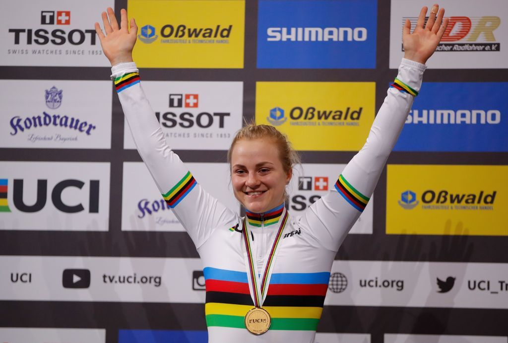 Gold medalist Germanys Lea Sophie Friedrich poses on the podium after competing in the womens 500m time trial final at the UCI track cycling World Championship at the velodrome in Berlin on February 29 2020 Photo by Odd ANDERSEN AFP Photo by ODD ANDERSENAFP via Getty Images