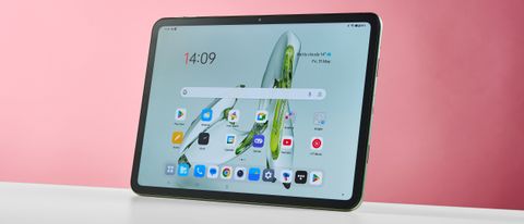 OnePlus Pad Go standing up with home screen shown