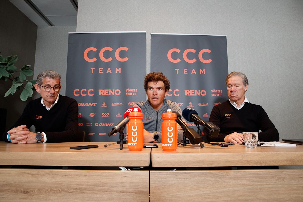 CCC Team sport director Valerio Piva, Greg Van Avermaet and general manager Jim Ochowicz pictured during the press conference ahead of Omloop Het Nieuwsblad