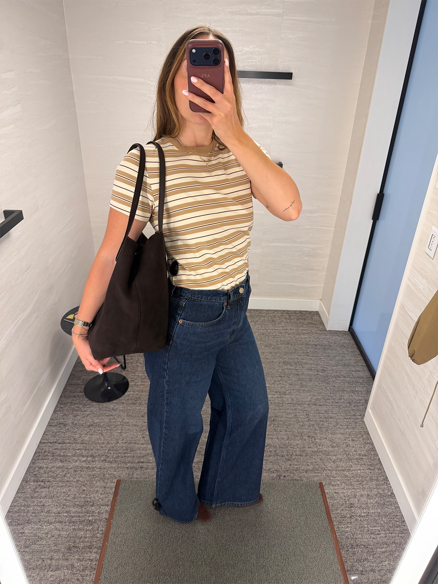 Anna LaPlaca trying on fall fashion items from the Nordstrom Anniversary Sale.