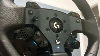 Logitech G Pro Racing Wheel up close showing the G Pro and Xbox logos on the centre of the wheel