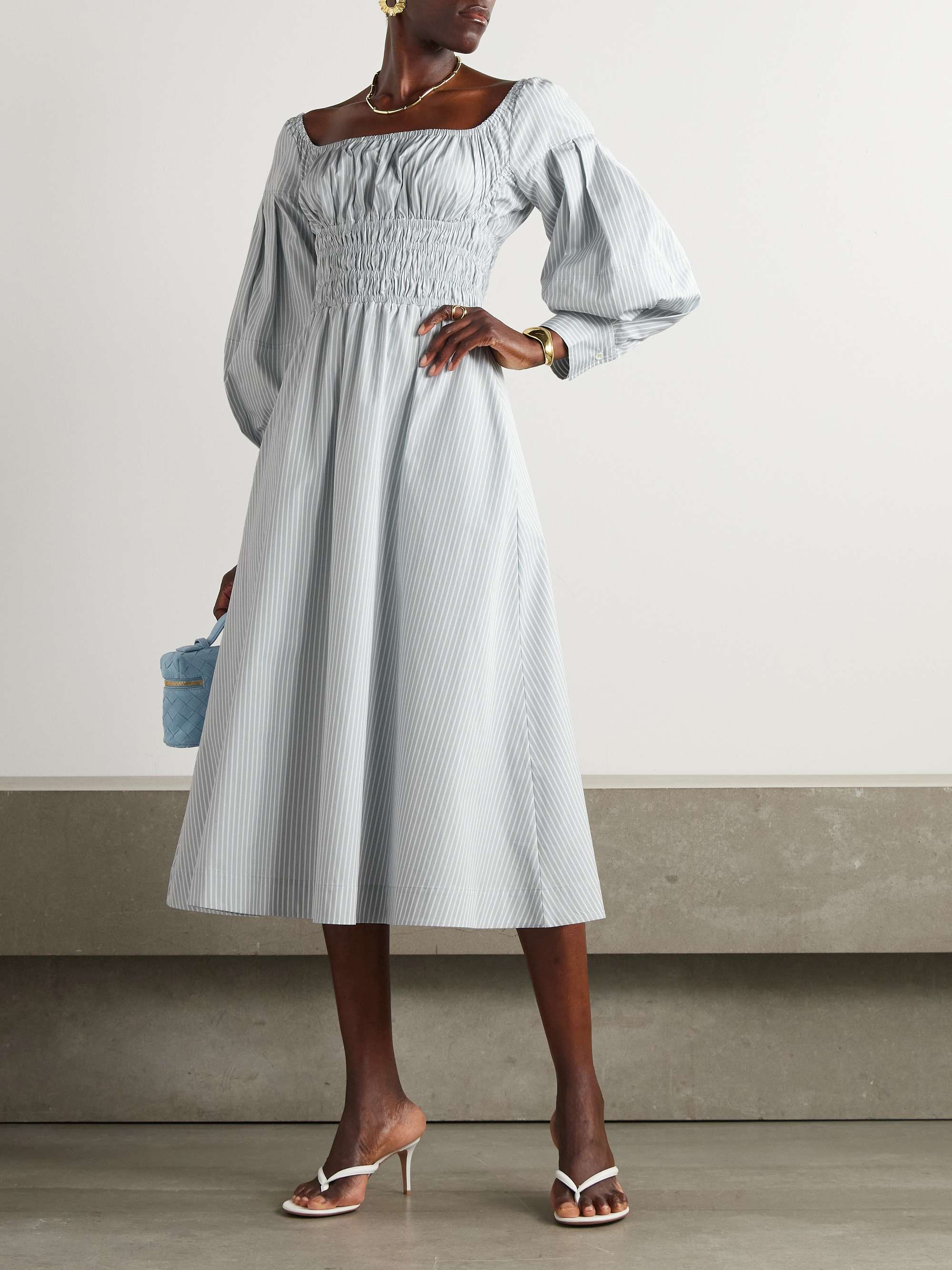Josie Shirred Striped Cotton-Poplin Midi Dress