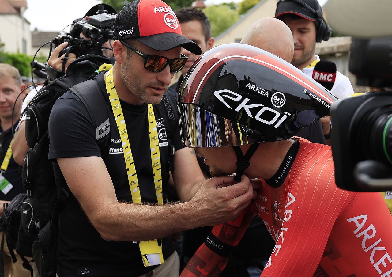 GEVREY-CHAMBERTIN, FRANCE - JULY 05: Kevin Vauquelin of France and Team Arkea - B&amp;B Hotels reacts after the 111th Tour de France 2024, Stage 7 a 25.3km individual time trial stage from Nuits-Saint-Georges to Gevrey-Chambertin / #UCIWT / on July 05, 2024 in Gevrey-Chambertin, France. (Photo by Guillaume Horcajuelo - Pool/Getty Images)