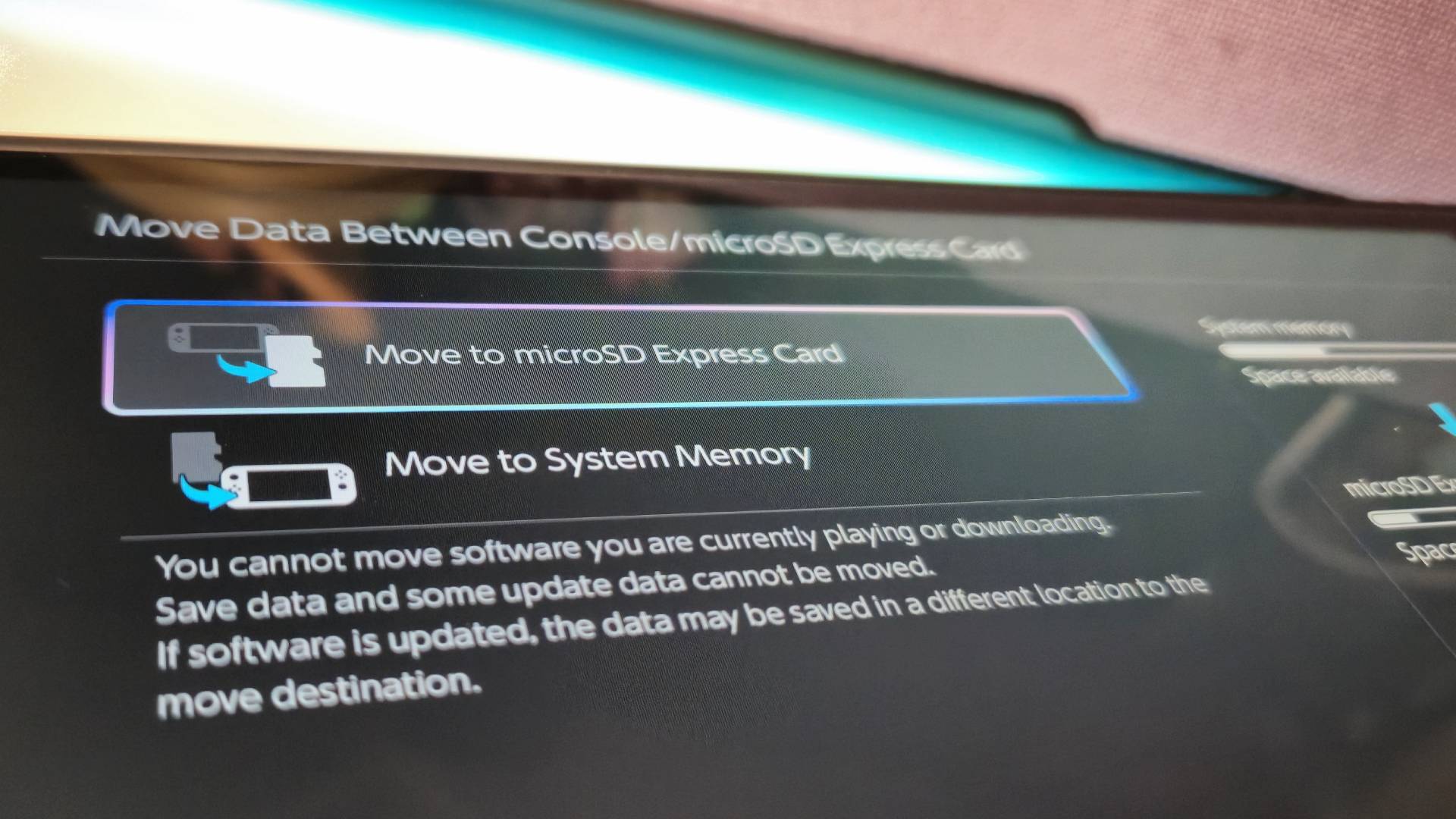 Photo of the data management screen of the Nintendo Switch 2.