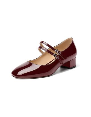 Showforest Women's Slip on Mary Jane Cute Low Heel Chunky Square Toe Adjustable Strap Dating Patent 1.5 Inch Pumps Shoes Burgundy Size 8 - Tacones Para Niñas