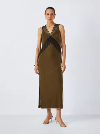 John Lewis Velvet Slip Dress, Olive