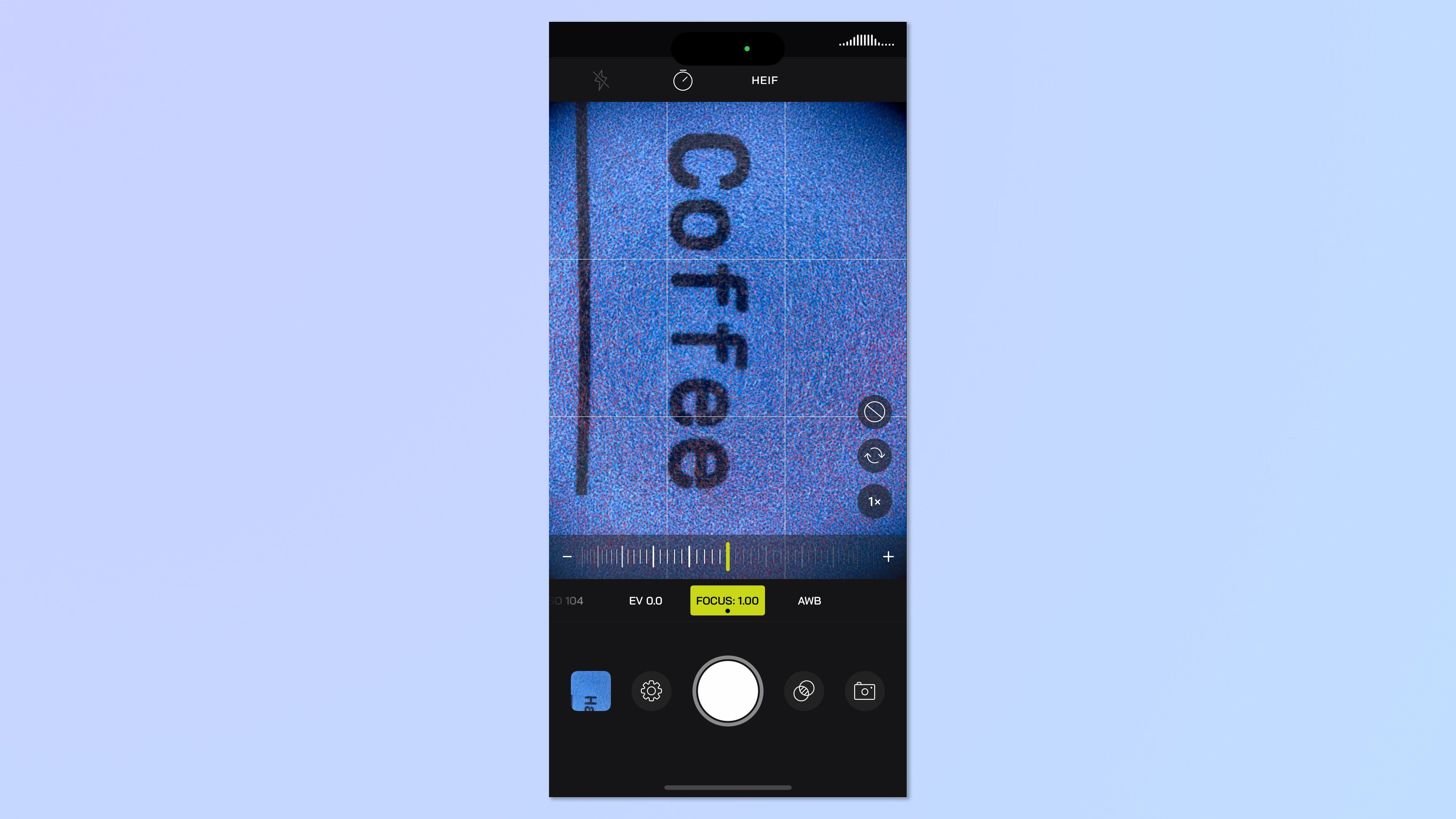 A screenshot from the Moment app of camera settings being adjusted when using the 45x Freewell lens to magnify a coffee card.
