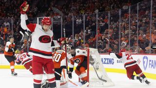 Taylor Hall of the Carolina Hurricanes celebrating during the 2026 Stanley Cup Playoffs