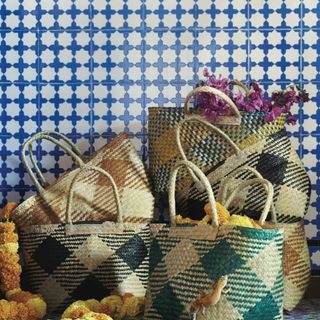 jassa bags flower in bag and blue designed tile wall