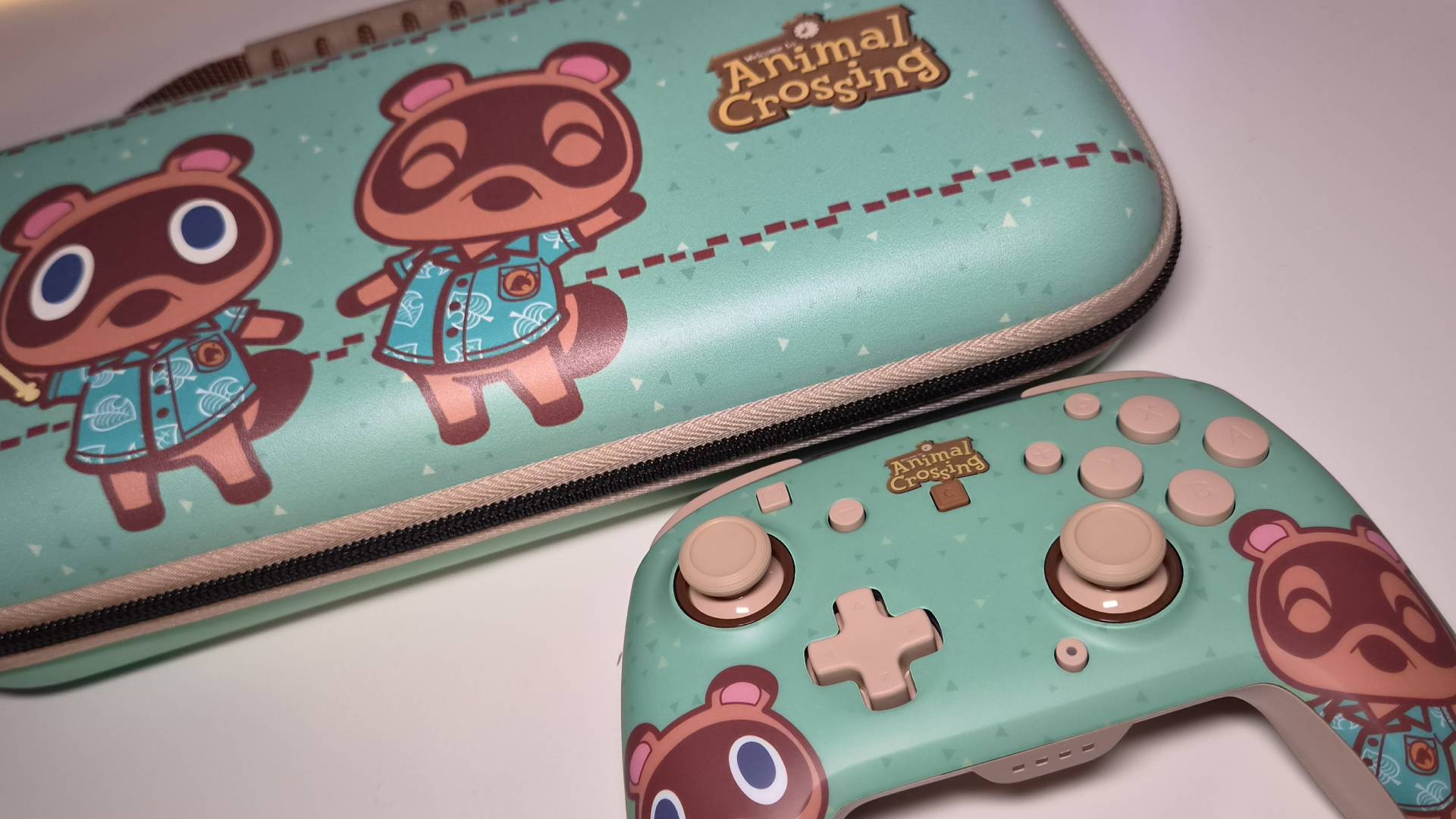 Photo of the Turtle Beach Animal Crossing accessories sitting on a white desk.