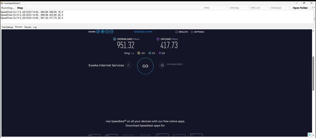PrivadoVPN's 951.32 Mbps speed test result using Ookla