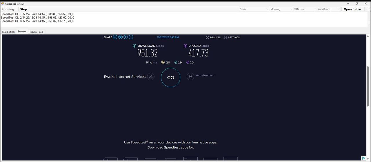 PrivadoVPN's 951.32 Mbps speed test result using Ookla